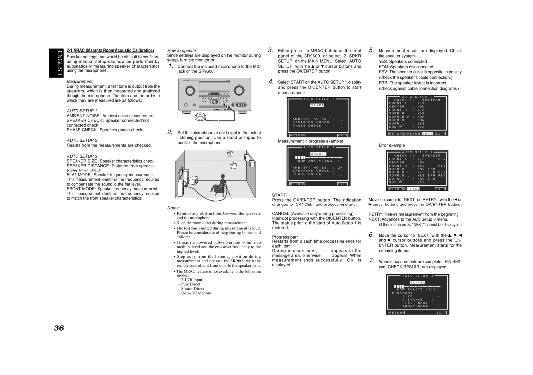 Marantz SR9600 manual Mrac Marantz Room Acoustic Calibration, Measurement, Auto Setup, How to operate, Start 