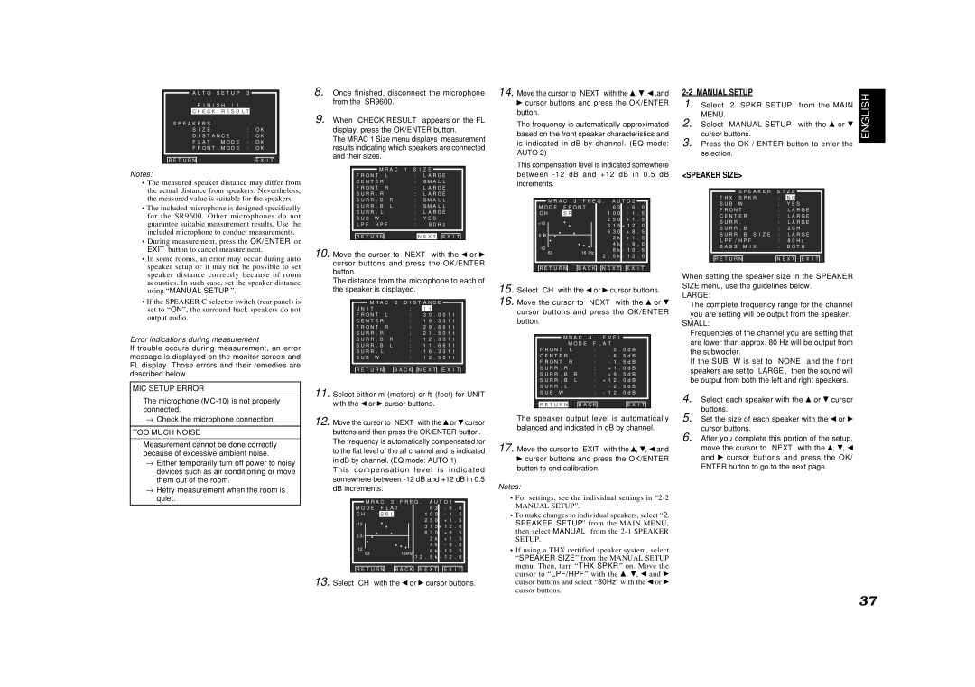 Marantz SR9600 manual Manual Setup, Speaker Size, Error indications during measurement, Large, Small 