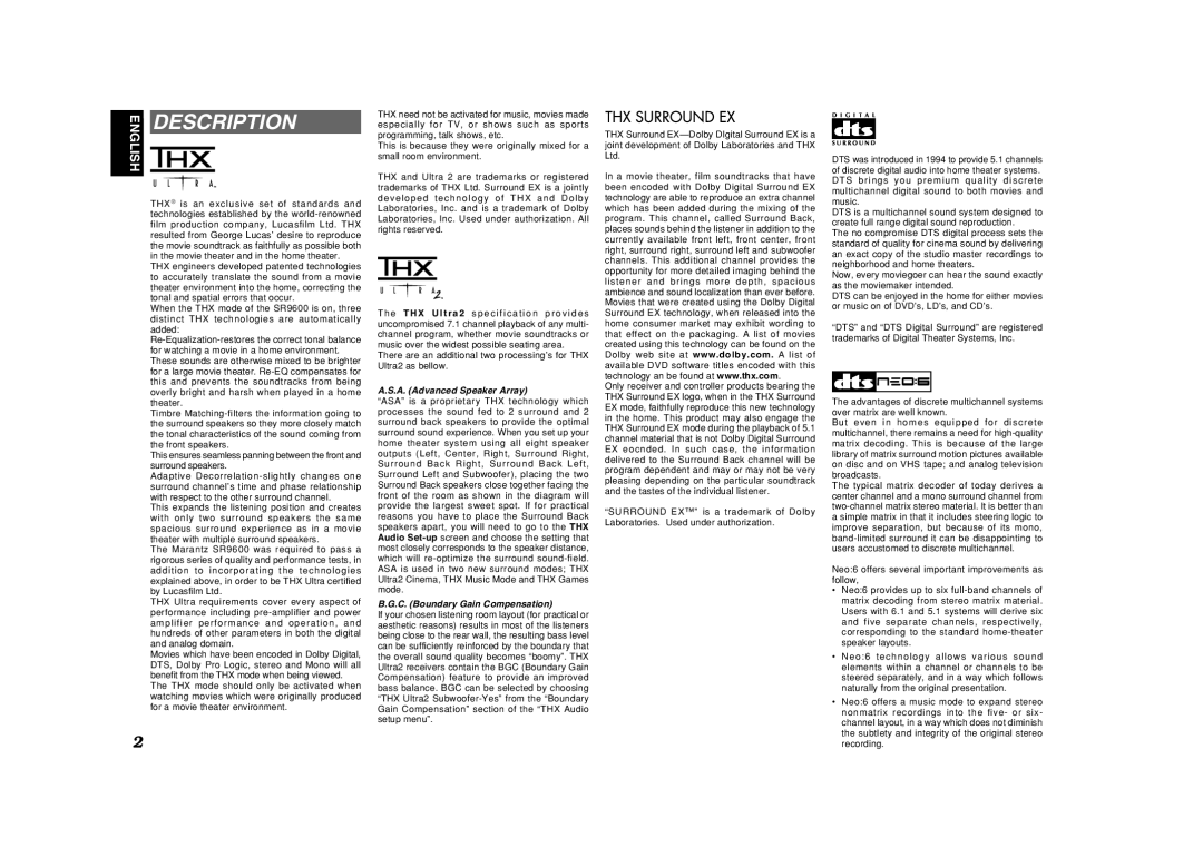 Marantz SR9600 manual Description, A. Advanced Speaker Array, C. Boundary Gain Compensation 