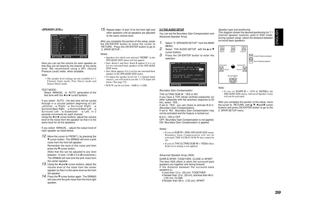 Marantz SR9600 manual Speaker Level, THX Audio Setup, Speaker type and positioning, Boundary Gain Compensation 