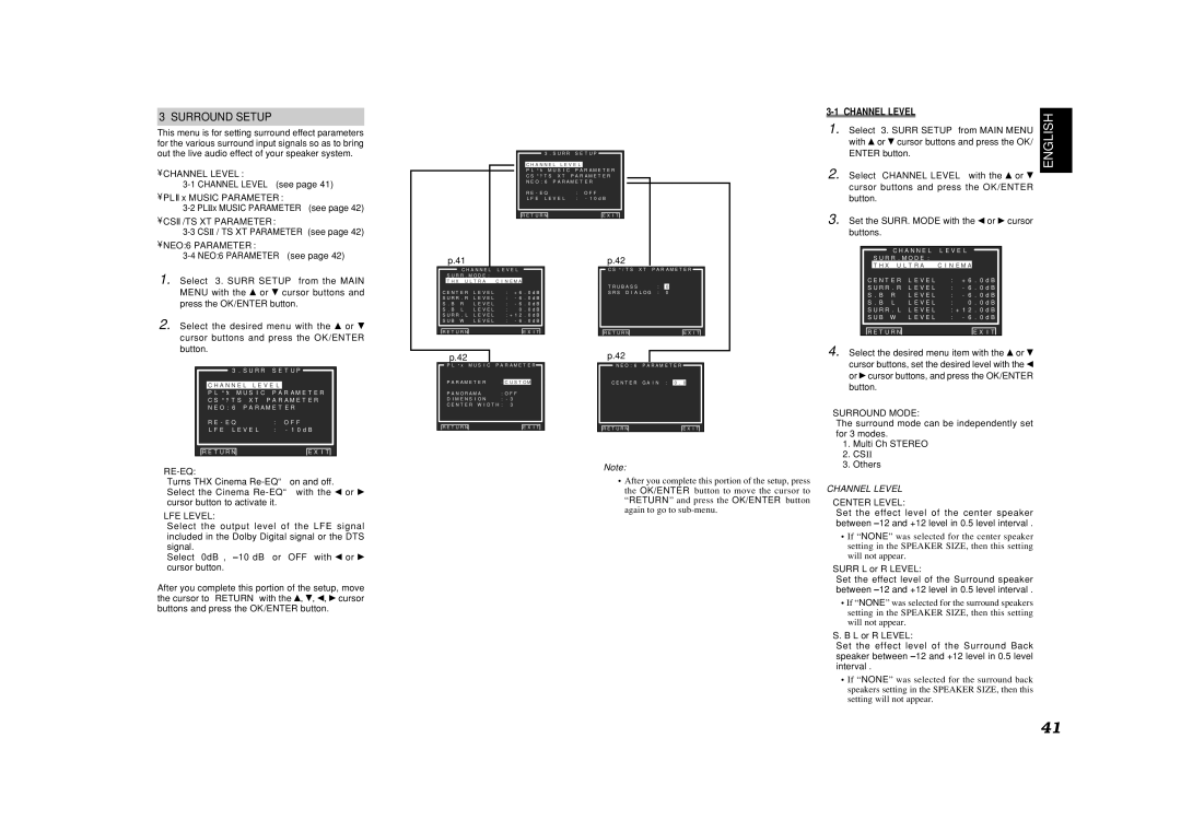 Marantz SR9600 manual Surround Setup, Channel Level 