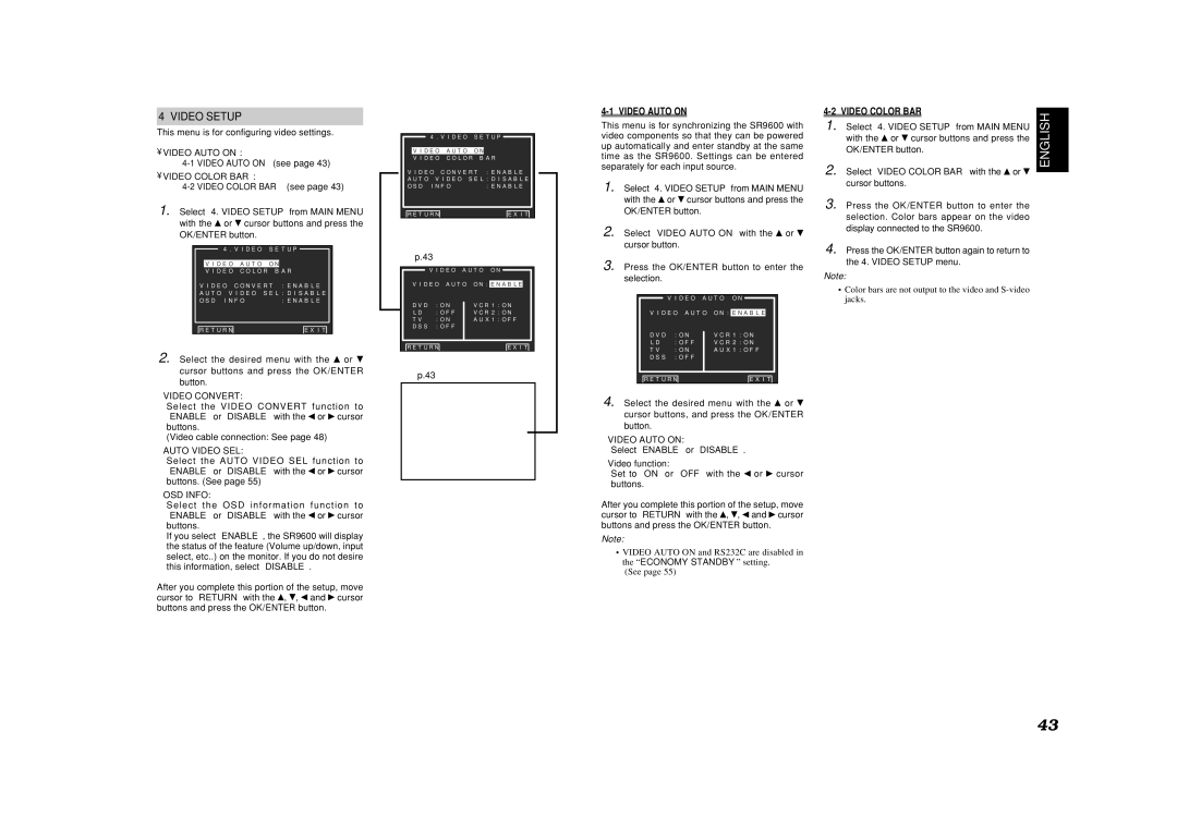 Marantz SR9600 manual Video Setup, Video Auto on, Video Color BAR 