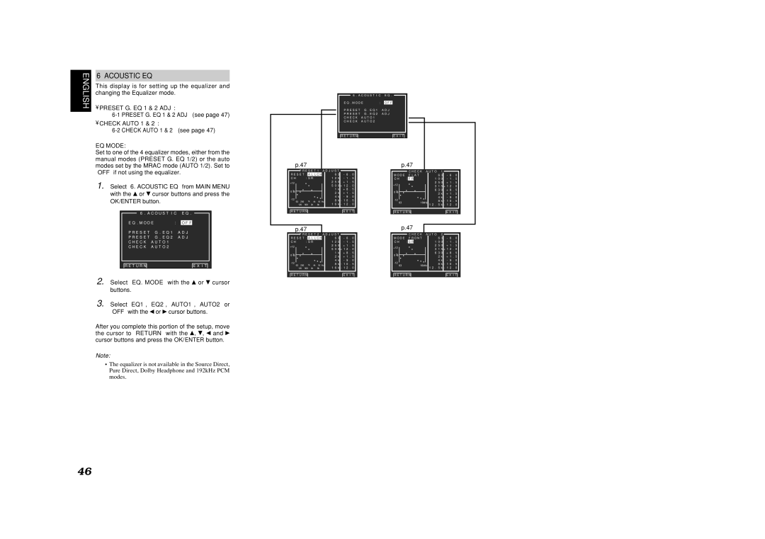 Marantz SR9600 manual Acoustic EQ, Preset G. EQ 1 & 2 ADJ, Check Auto 1, EQ Mode 