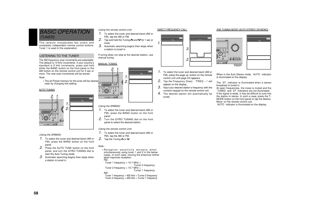 Marantz SR9600 manual Listening to the Tuner, Direct Frequency Call, Manual Tuning, Auto Tuning 