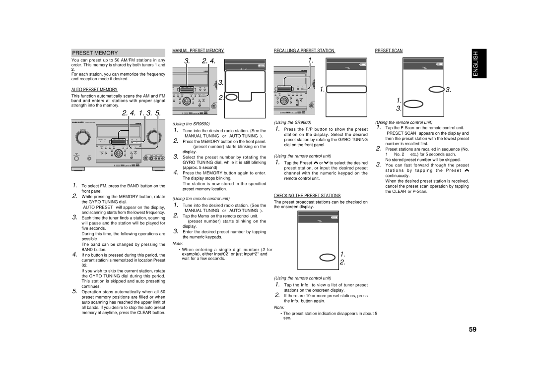 Marantz SR9600 manual Auto Preset Memory, Recalling a Preset Station, Checking the Preset Stations, Preset Scan 