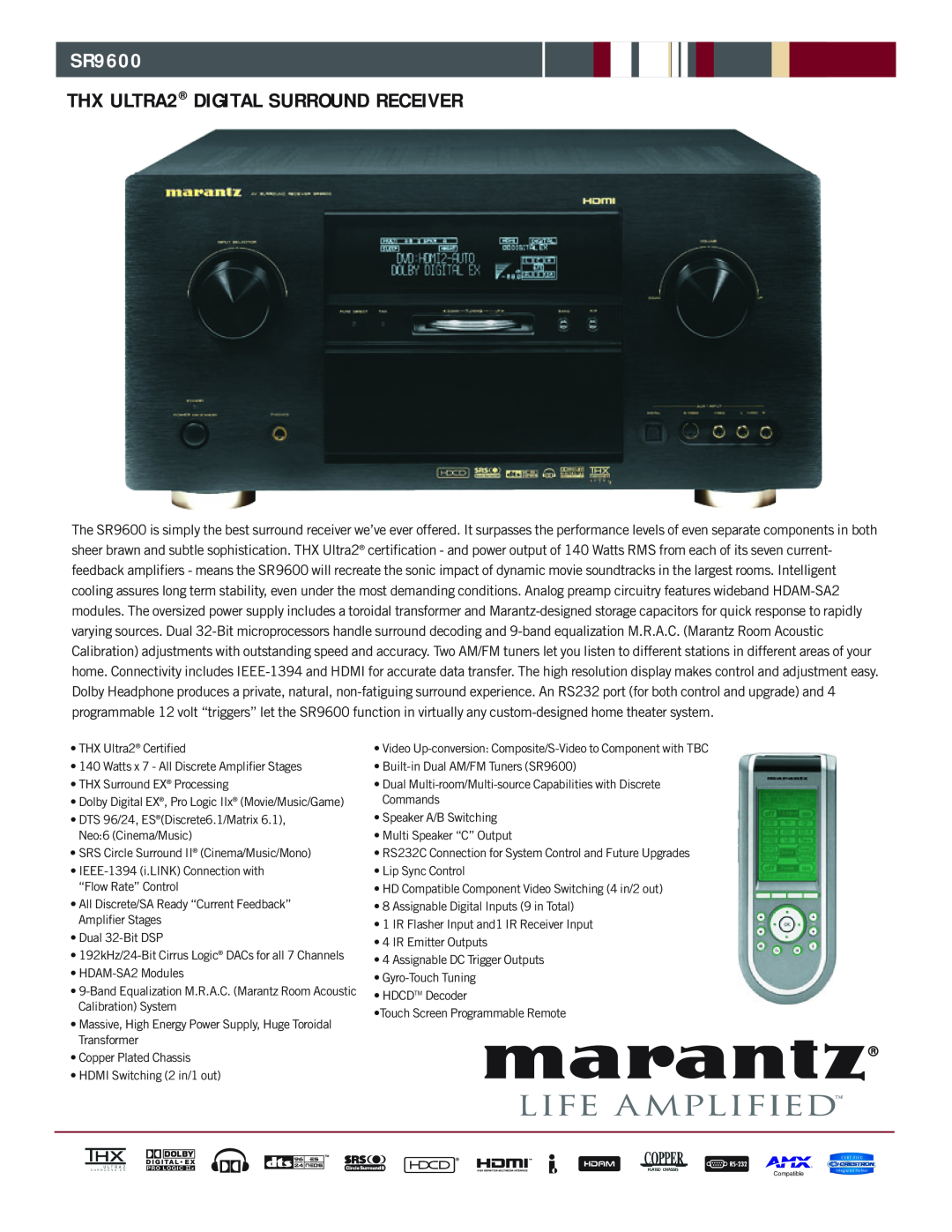 Marantz SR9600 manual THX ULTRA2 DIGITAL SURROUND RECEIVER 