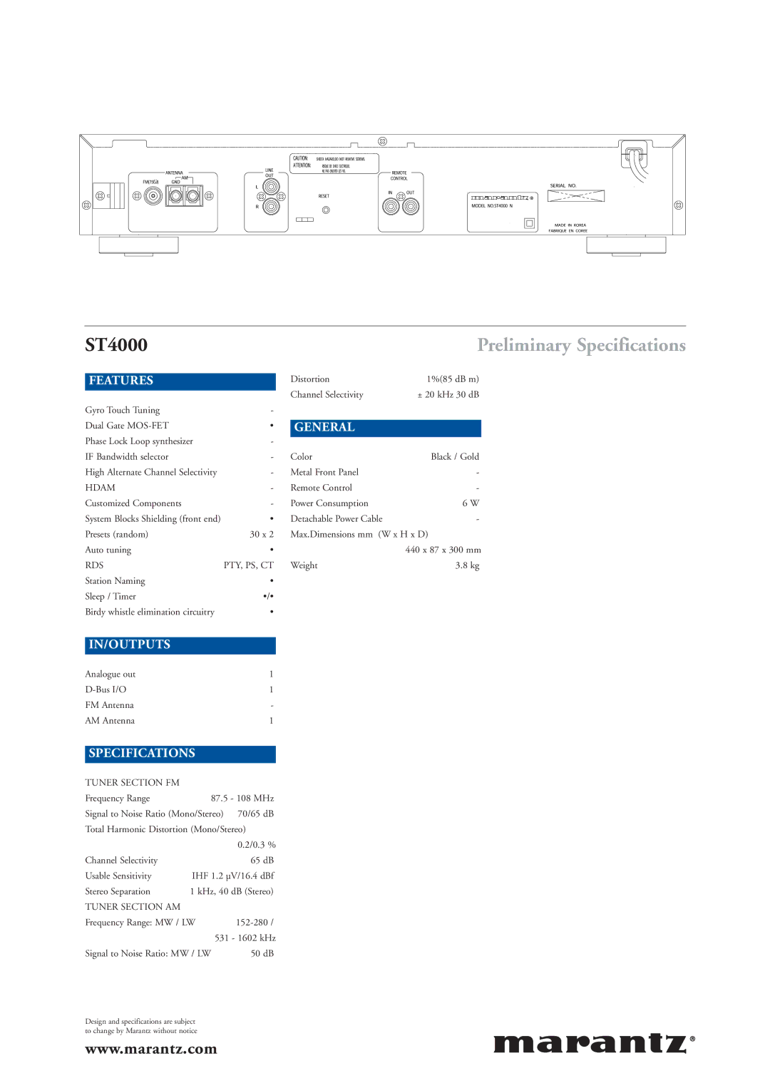 Marantz ST4000 manual Preliminary Specifications 