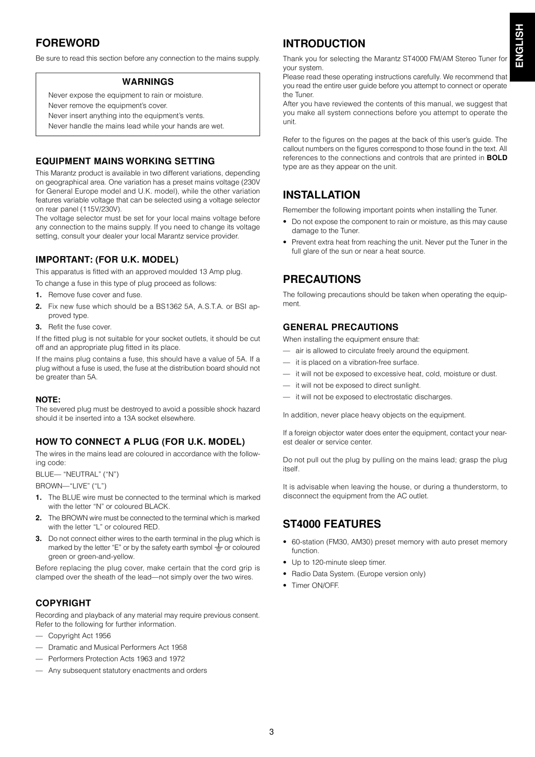 Marantz manual Foreword, Introduction, Installation, Precautions, ST4000 Features 