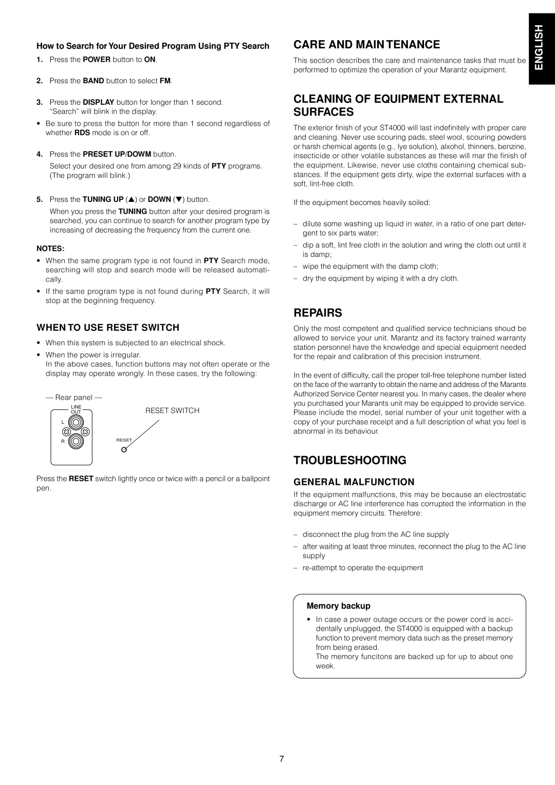 Marantz ST4000 manual Care and Main Tenance, Cleaning of Equipment External Surfaces, Repairs, Troubleshooting 