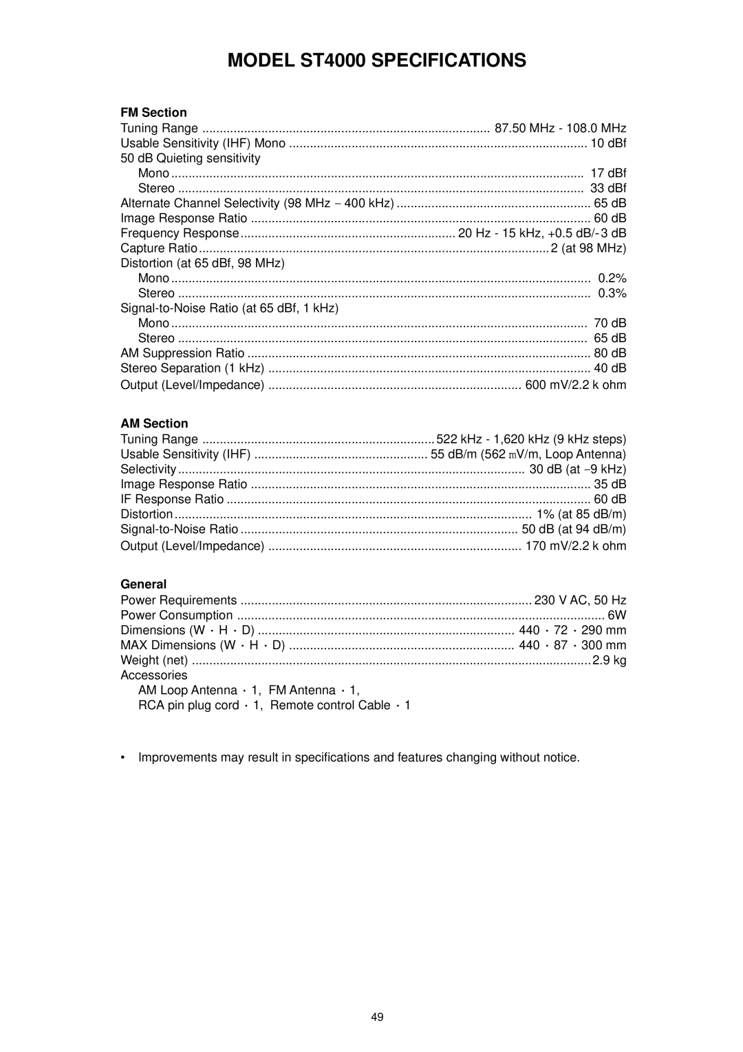 Marantz manual Model ST4000 Specifications 