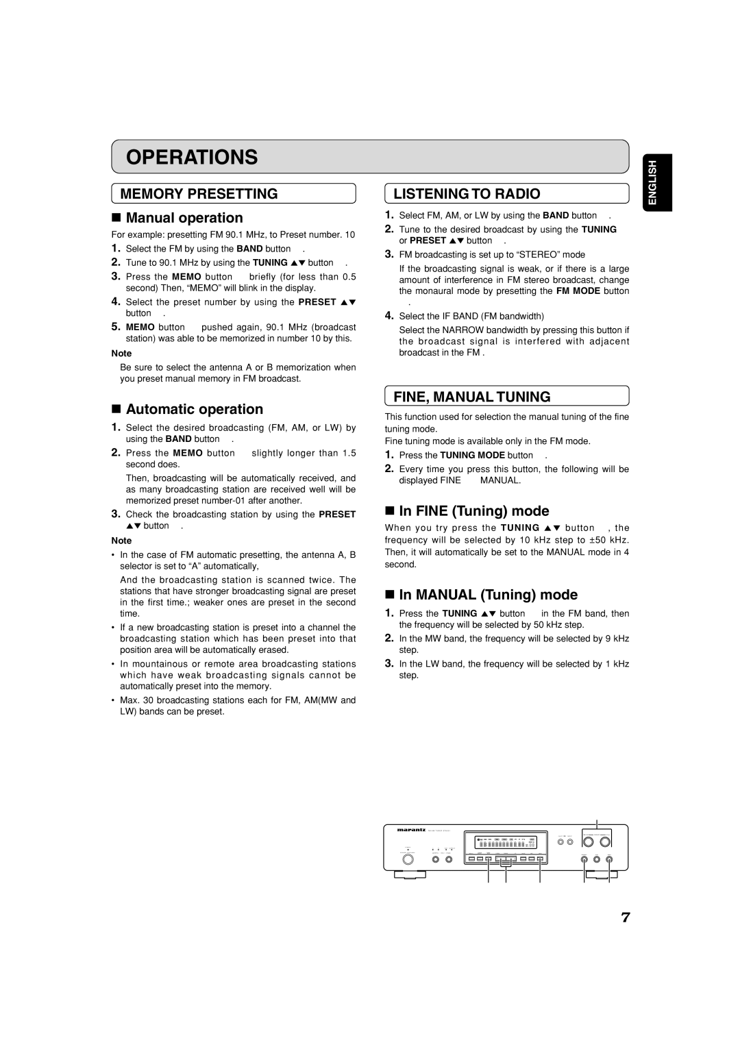 Marantz ST6001 manual Operations, Memory Presetting, FINE, Manual Tuning 