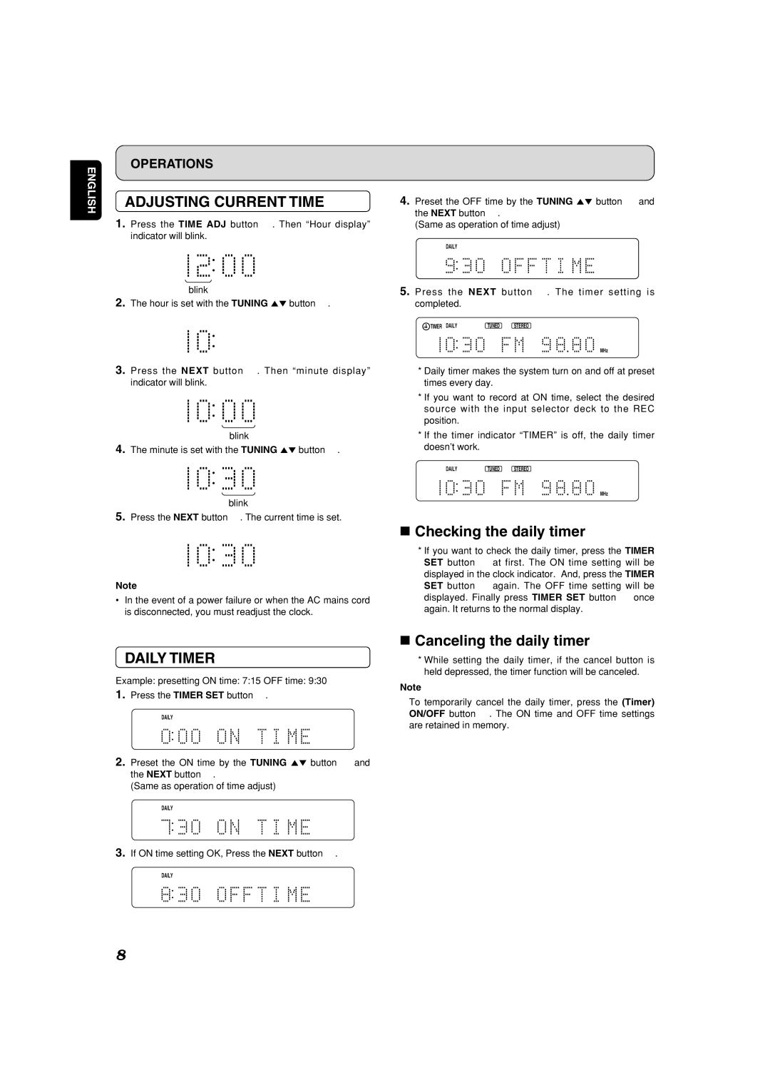 Marantz ST6001 manual Daily Timer, Checking the daily timer, Canceling the daily timer 