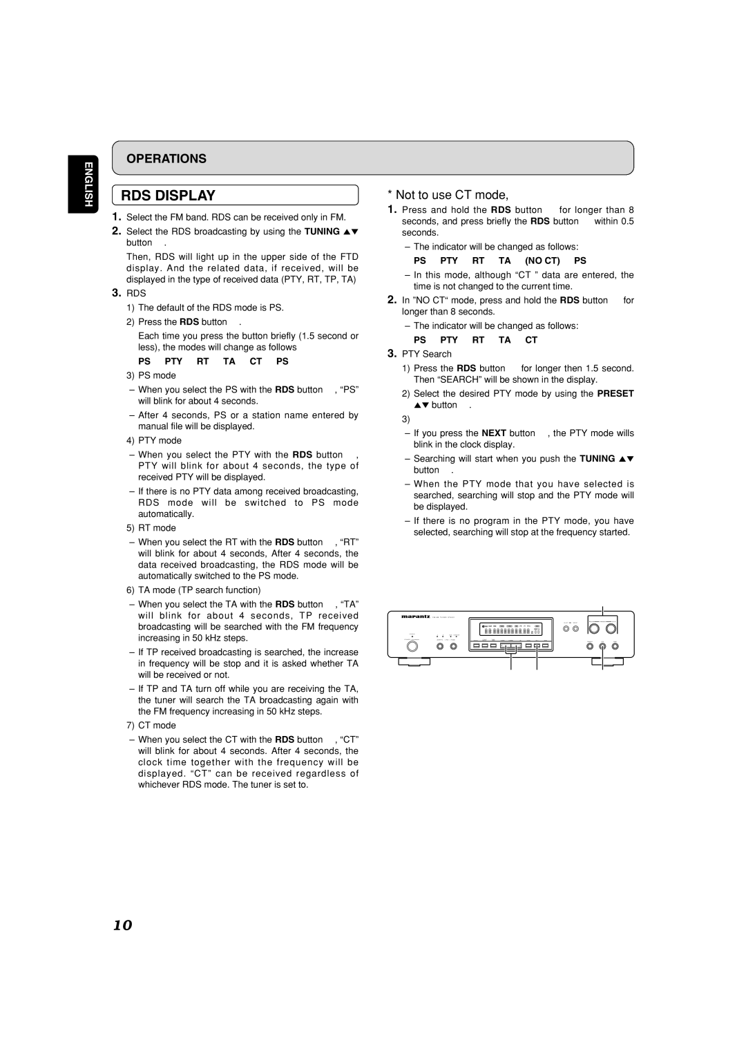 Marantz ST6001 manual RDS Display, Ps → Pty → Rt → Ta → Ct → Ps 