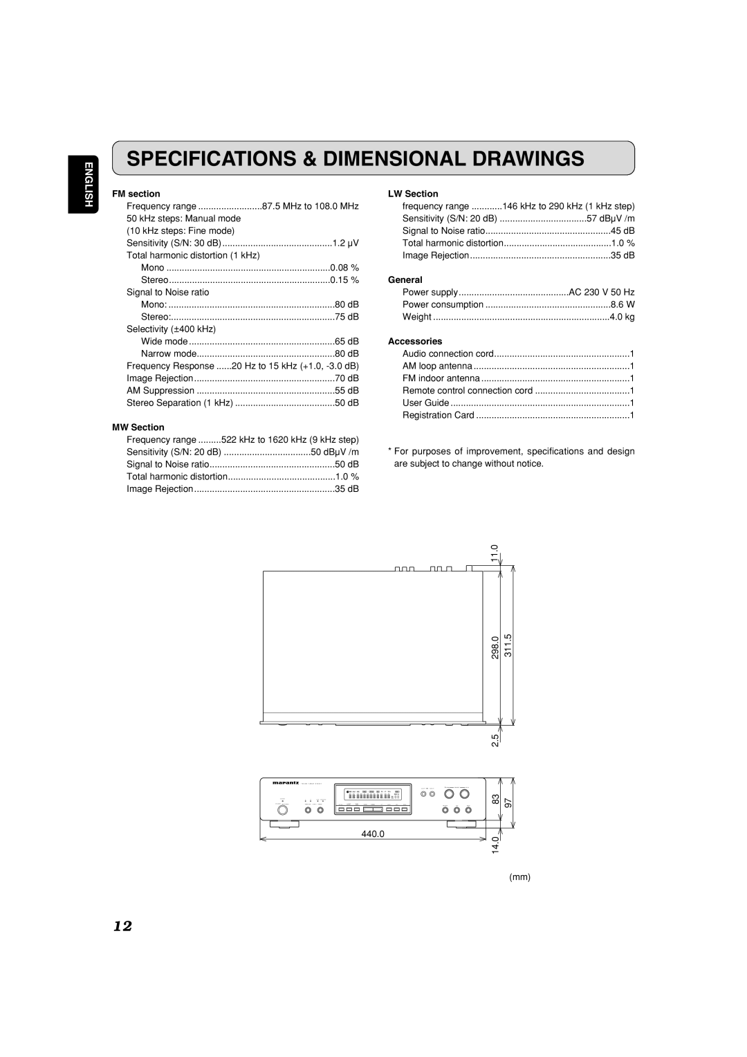 Marantz ST6001 manual Specifications & Dimensional Drawings, FM section 