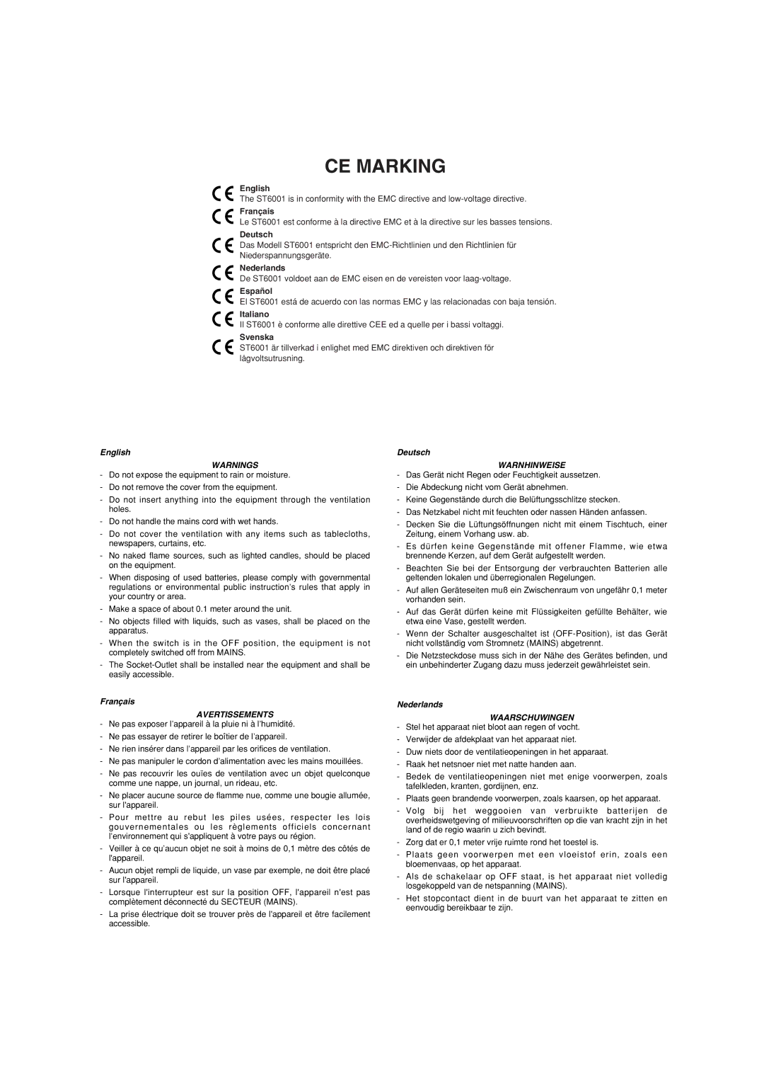 Marantz ST6001 manual CE Marking 