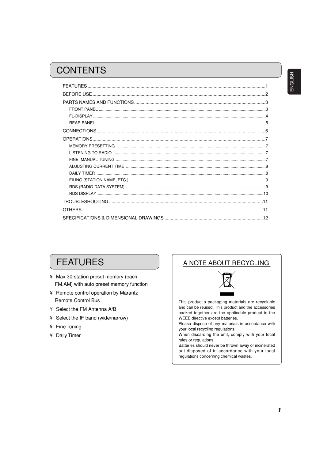 Marantz ST6001 manual Contents, Features 