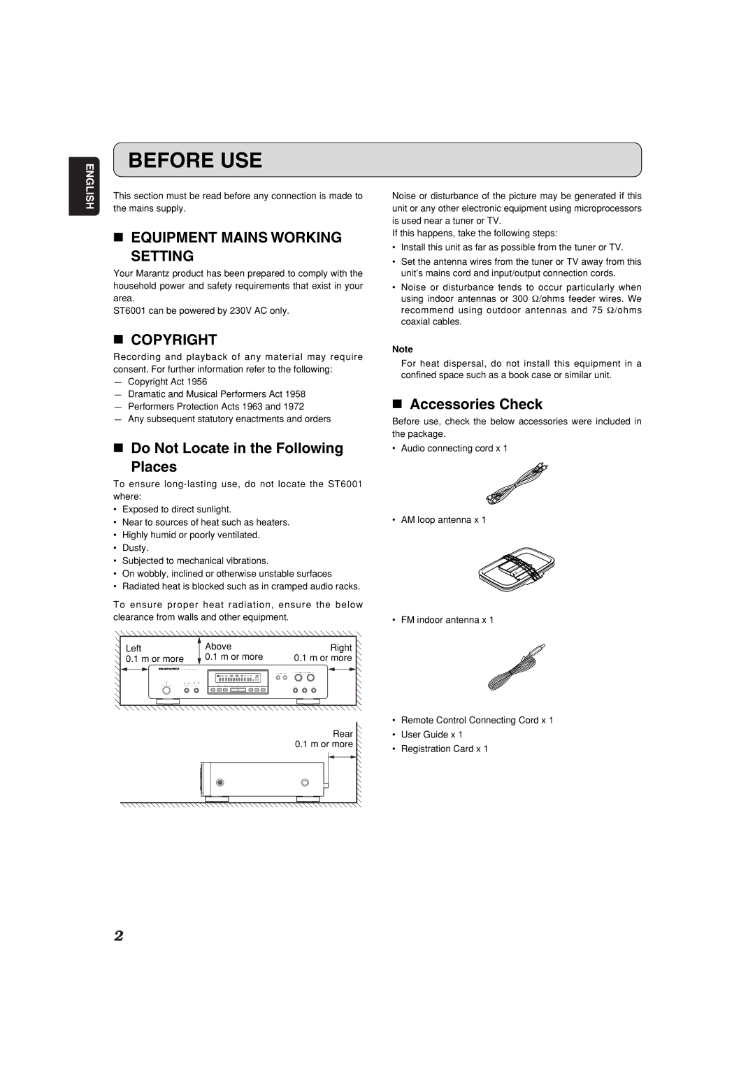 Marantz ST6001 manual Before USE, Equipment Mains Working Setting, Copyright, Do Not Locate in the Following Places 