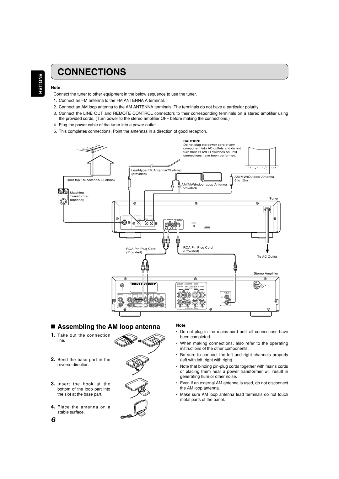 Marantz ST6001 manual Connections, 7Assembling the AM loop antenna, English 