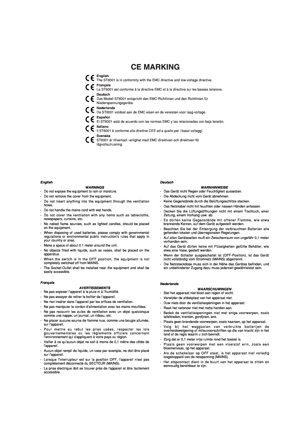 Marantz ST6001 manual Ce Marking, English, Français, Deutsch, Nederlands, Español, Italiano, Svenska 