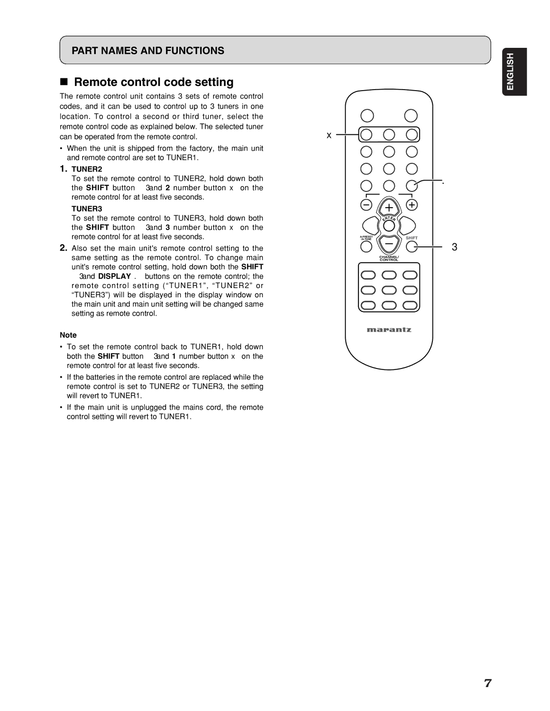 Marantz ST7001 manual Remote control code setting, TUNER2 