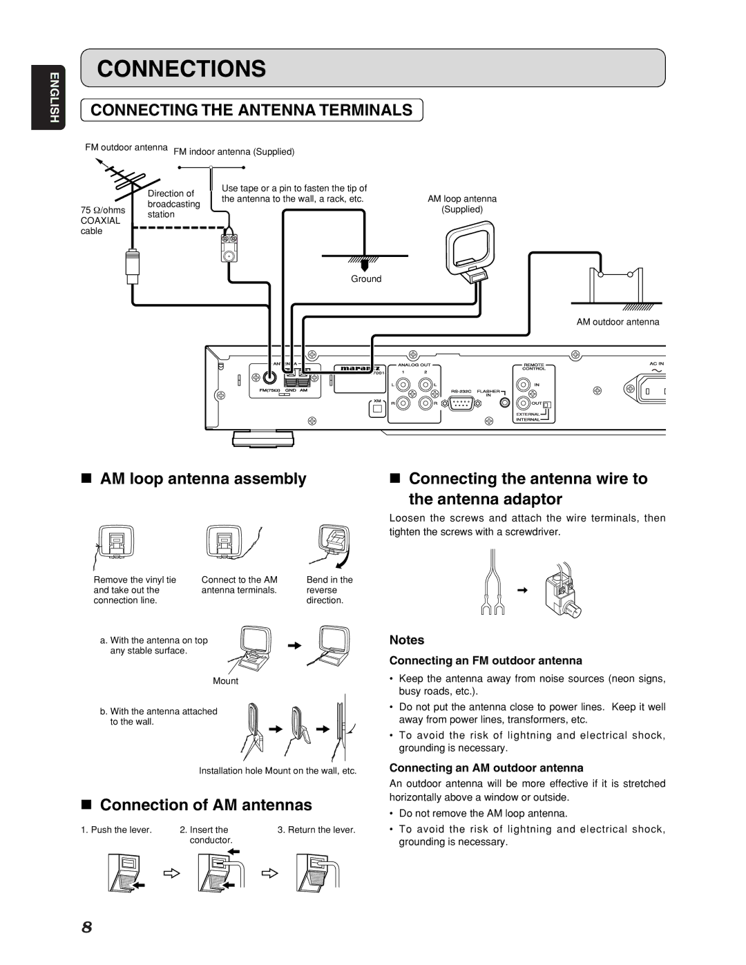 Marantz ST7001 manual Connections, Connecting the Antenna Terminals, AM loop antenna assembly, Connection of AM antennas 