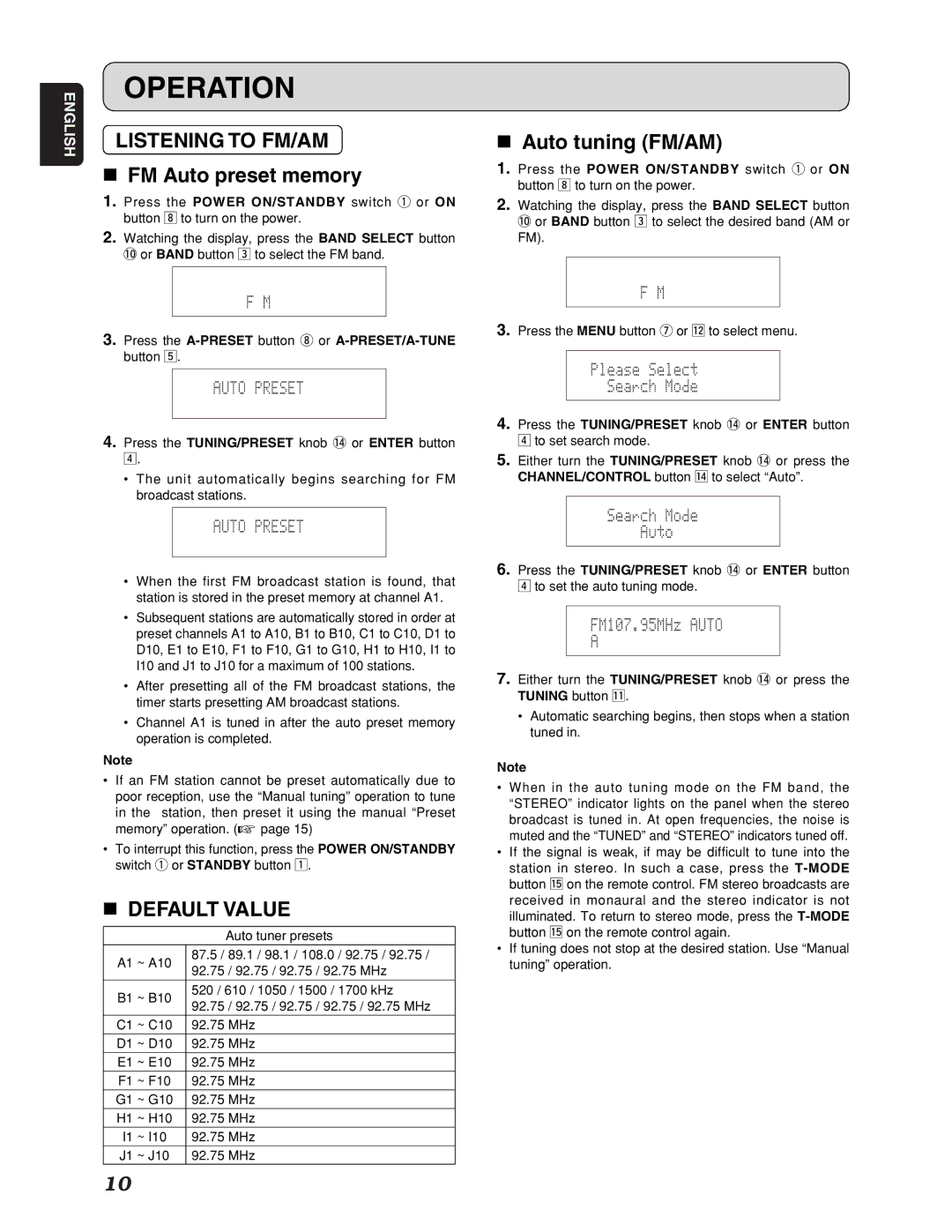 Marantz ST7001 manual Operation, Listening to FM/AM, FM Auto preset memory, Default Value, Auto tuning FM/AM 