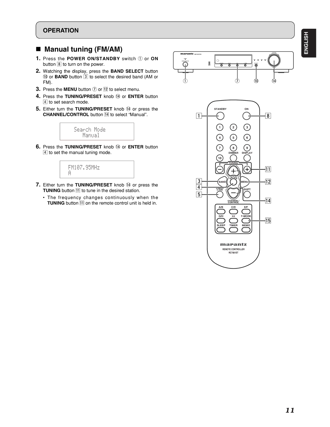 Marantz ST7001 manual Manual tuning FM/AM 