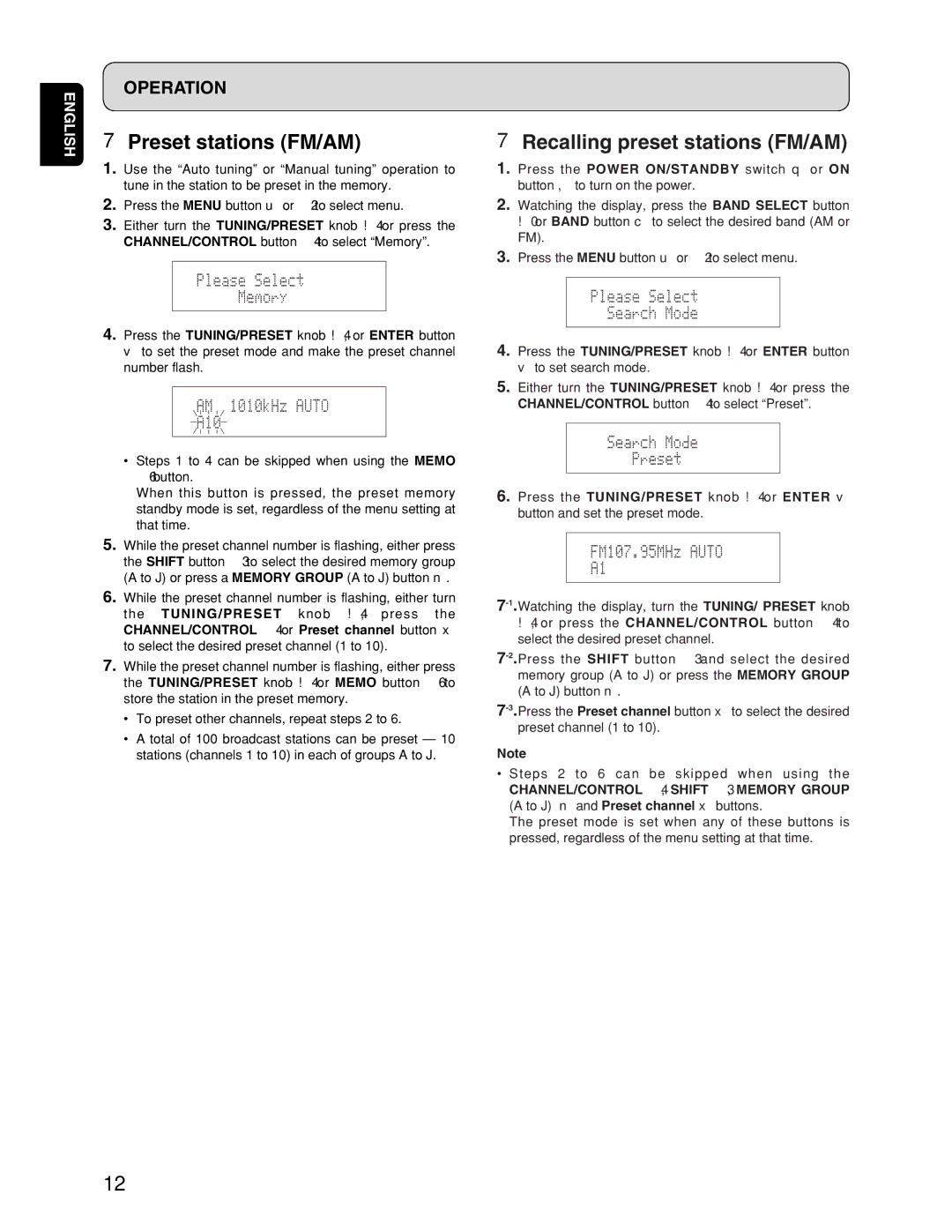 Marantz ST7001 manual Preset stations FM/AM, Recalling preset stations FM/AM 