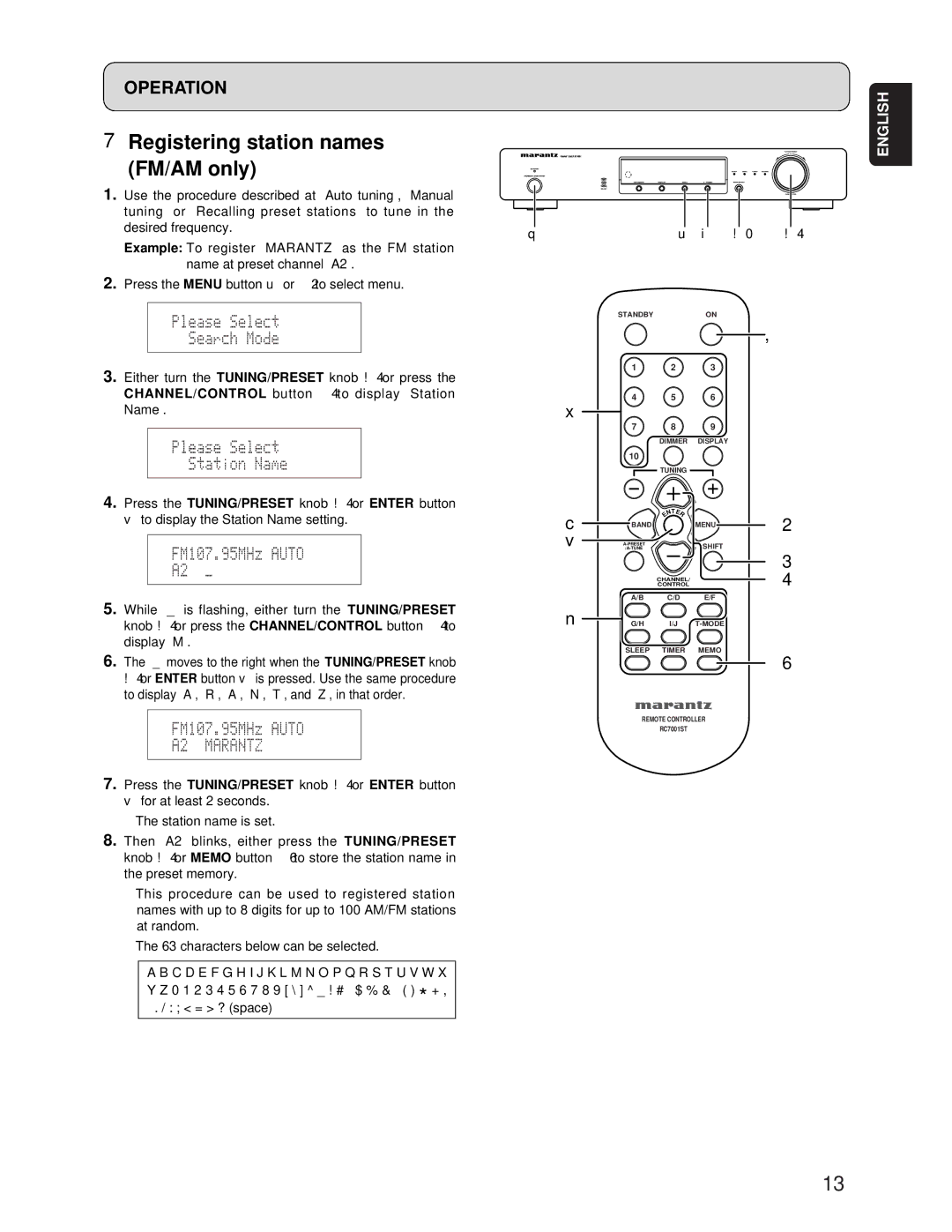 Marantz ST7001 manual Registering station names FM/AM only, 0 !4 