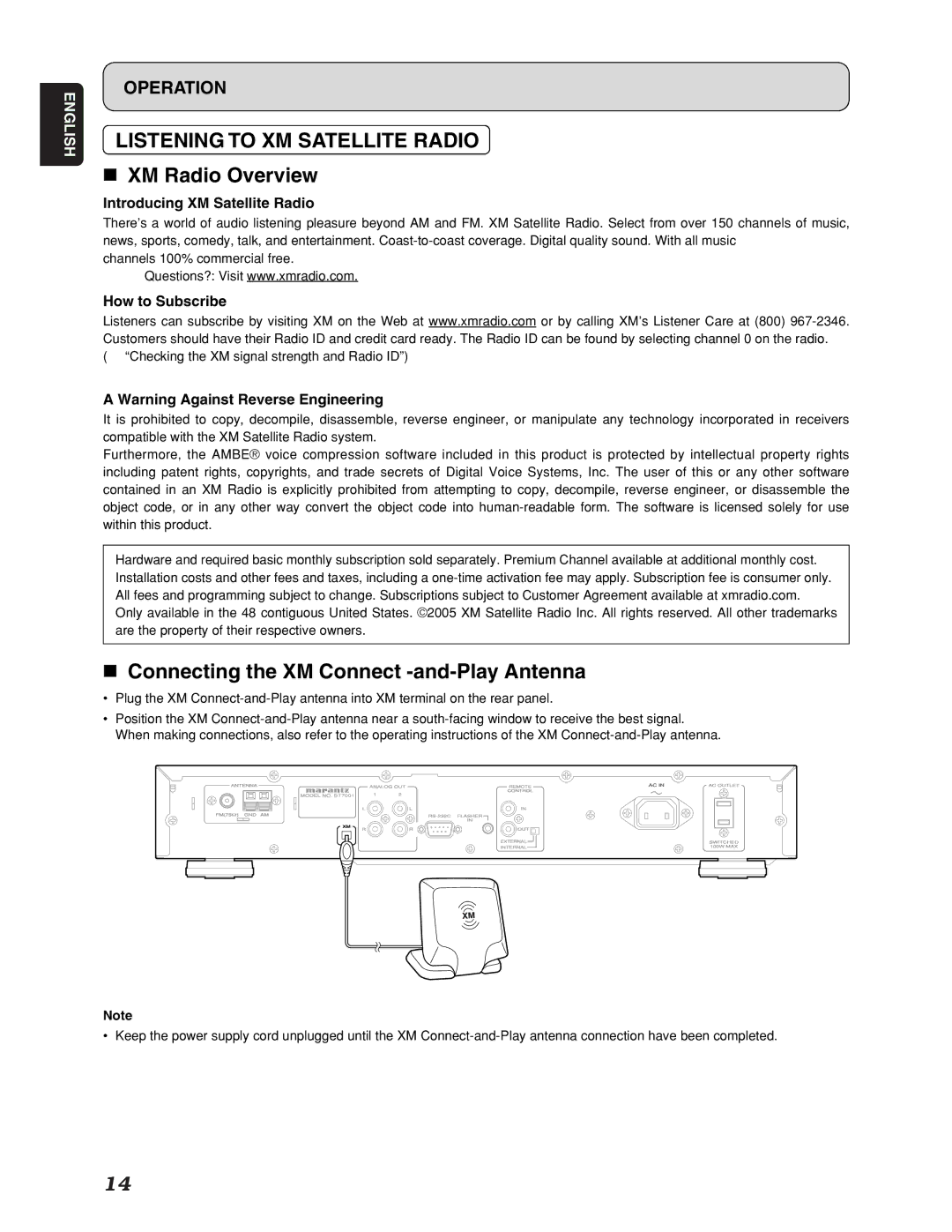 Marantz ST7001 manual Listening to XM Satellite Radio, XM Radio Overview, Connecting the XM Connect -and-Play Antenna 