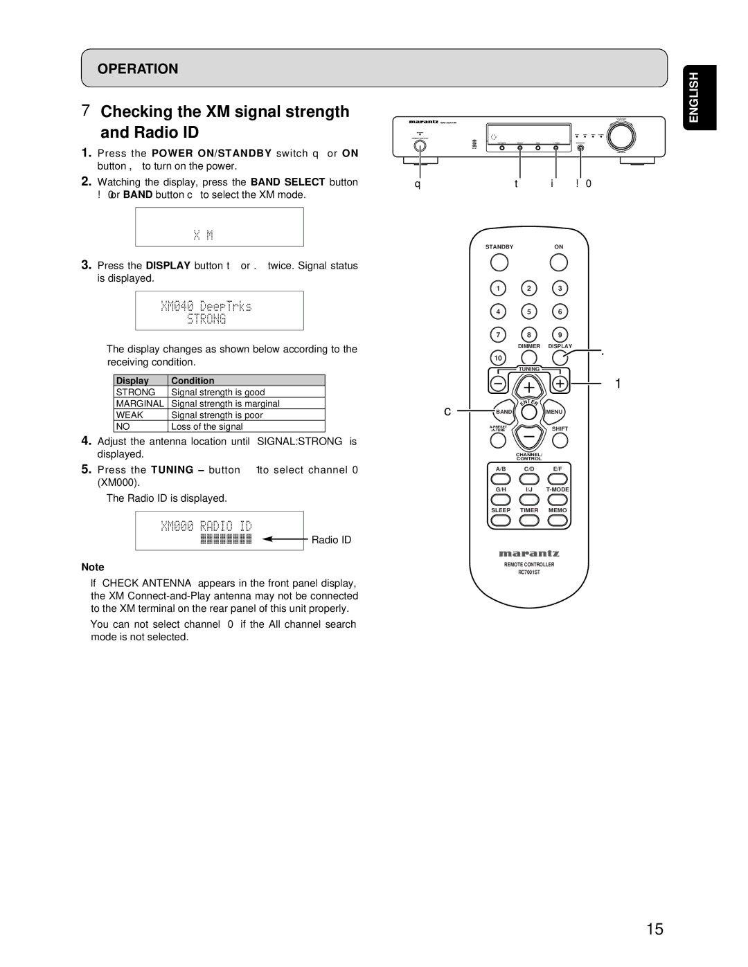 Marantz ST7001 manual Checking the XM signal strength, Radio ID 