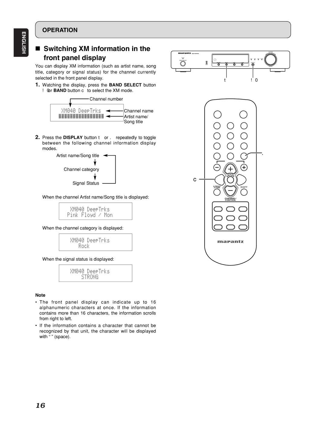 Marantz ST7001 manual Switching XM information, Front panel display 