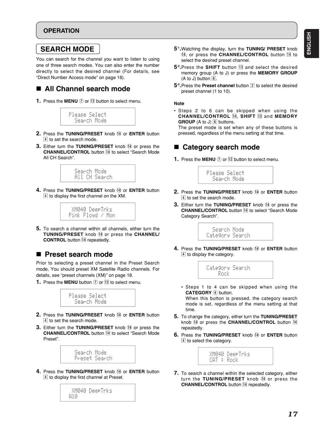 Marantz ST7001 manual Search Mode, All Channel search mode, Preset search mode, Category search mode 