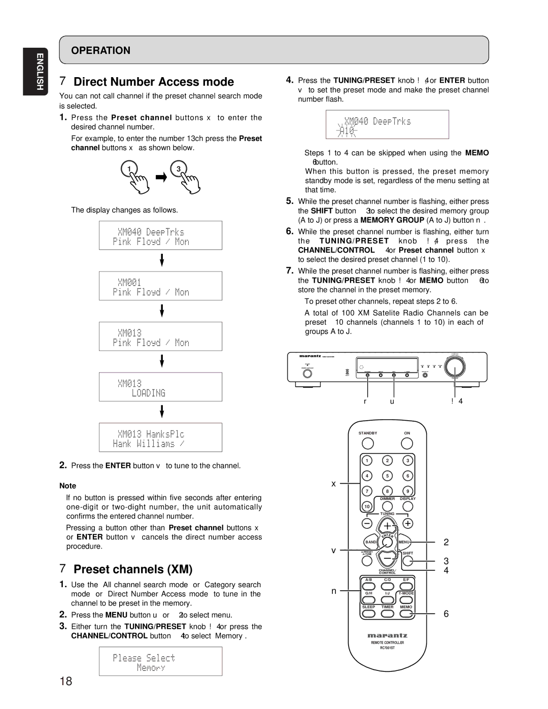 Marantz ST7001 manual Direct Number Access mode, Preset channels XM 