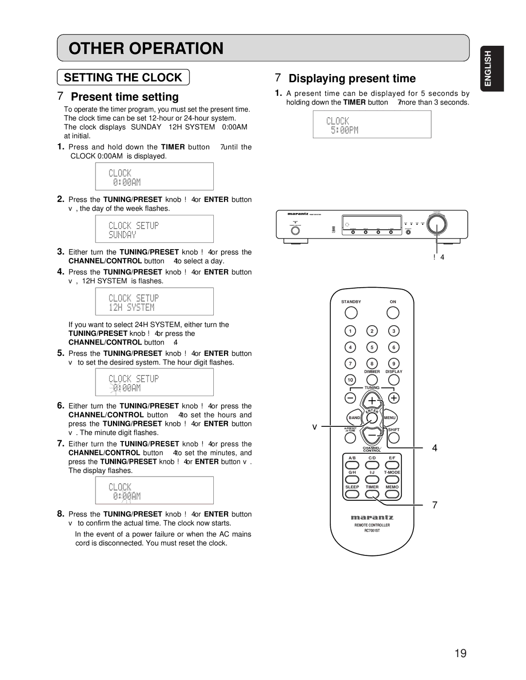 Marantz ST7001 manual Other Operation, Setting the Clock, Present time setting 