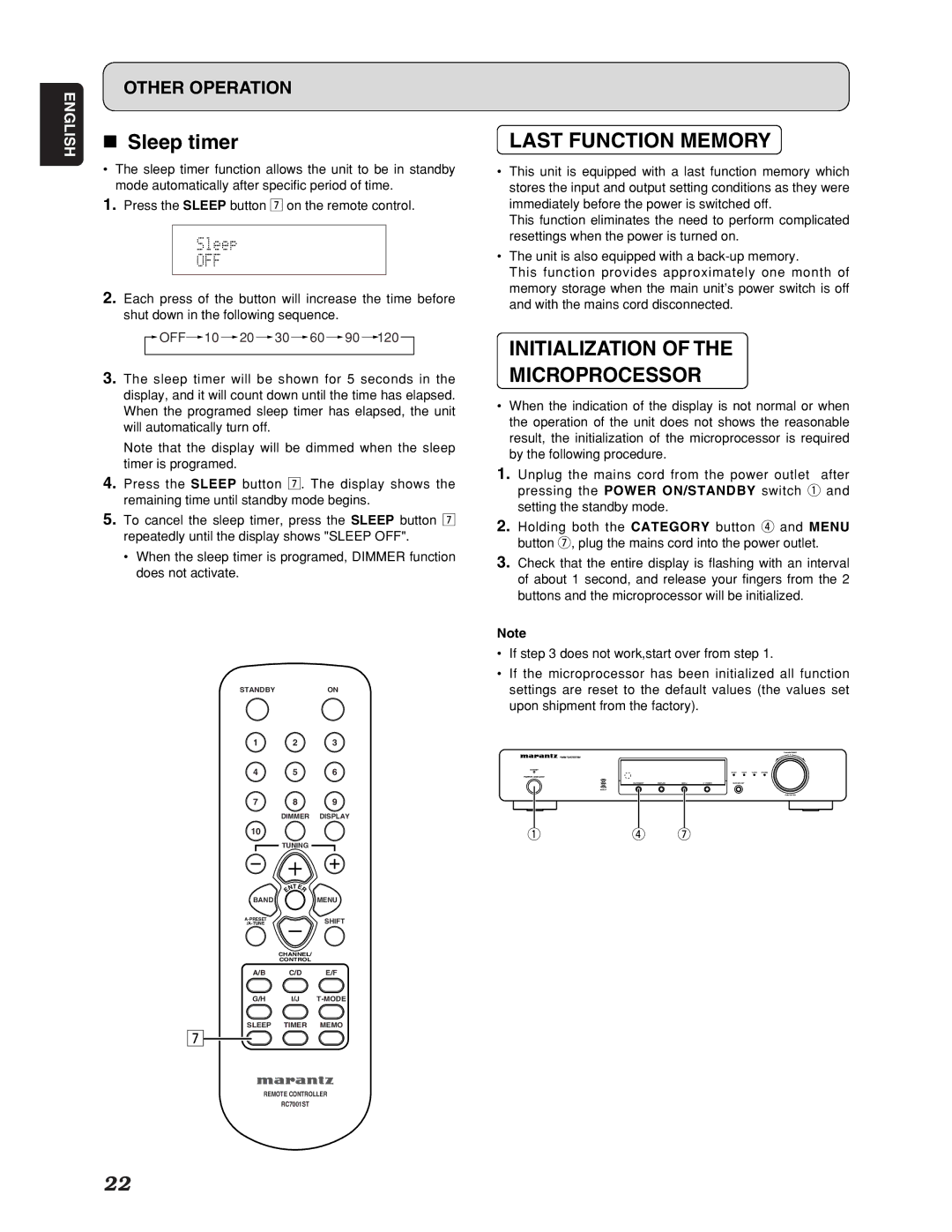 Marantz ST7001 manual Last Function Memory, Initialization Microprocessor 