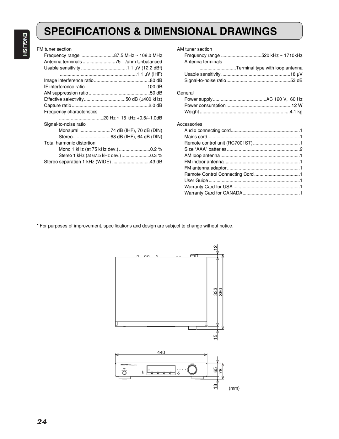 Marantz ST7001 manual Specifications & Dimensional Drawings, Accessories 