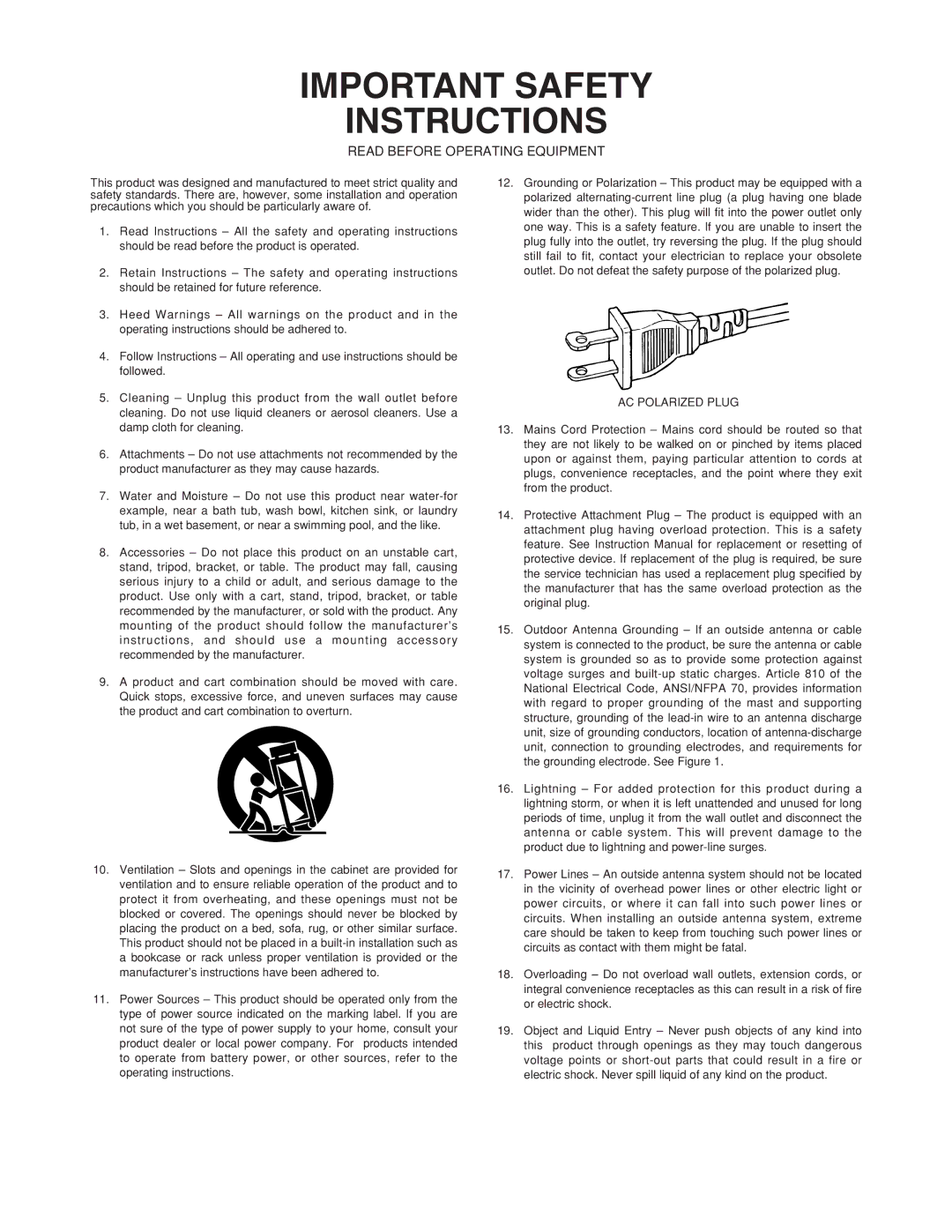 Marantz ST7001 manual Important Safety Instructions 