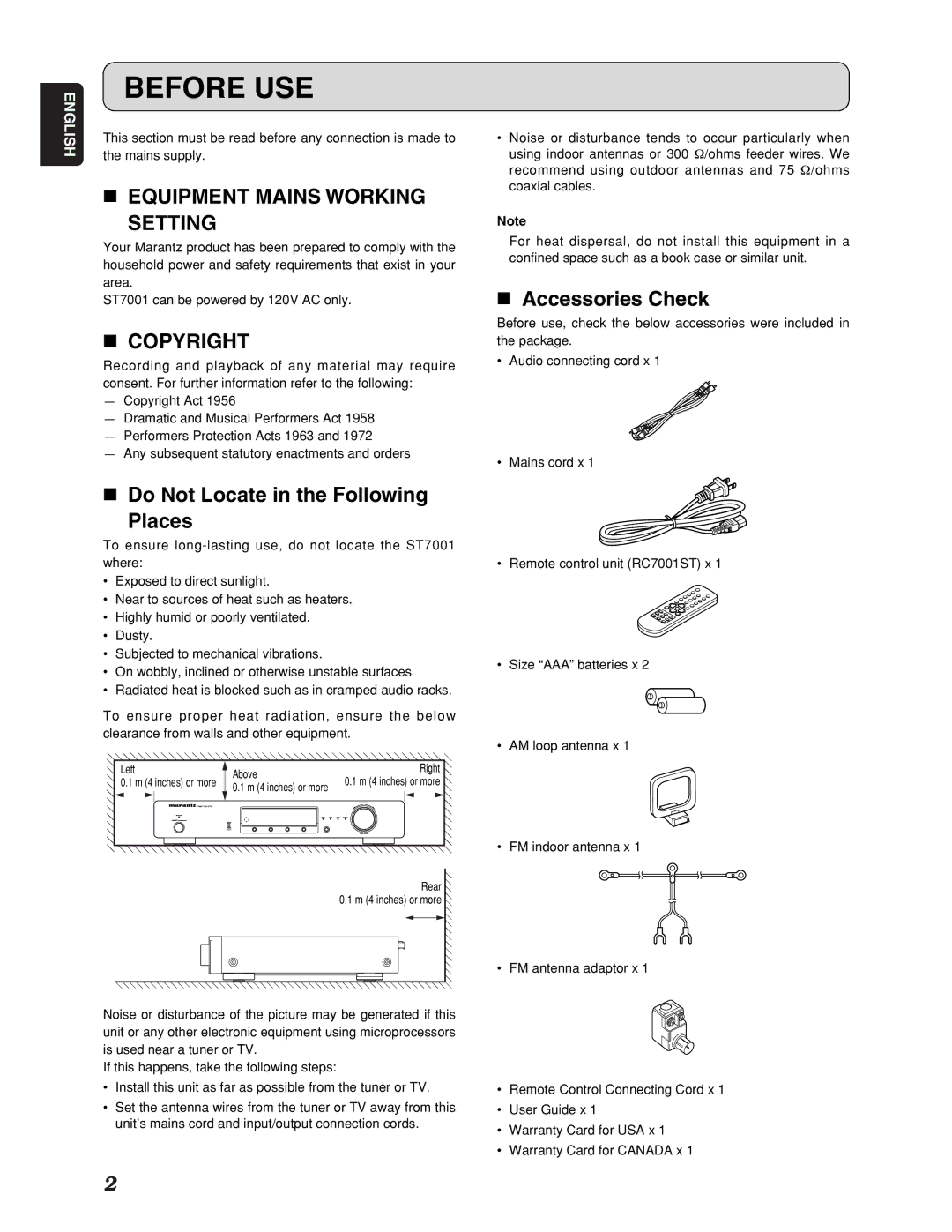 Marantz ST7001 manual Before USE, Equipment Mains Working Setting, Copyright, Do Not Locate in the Following Places 