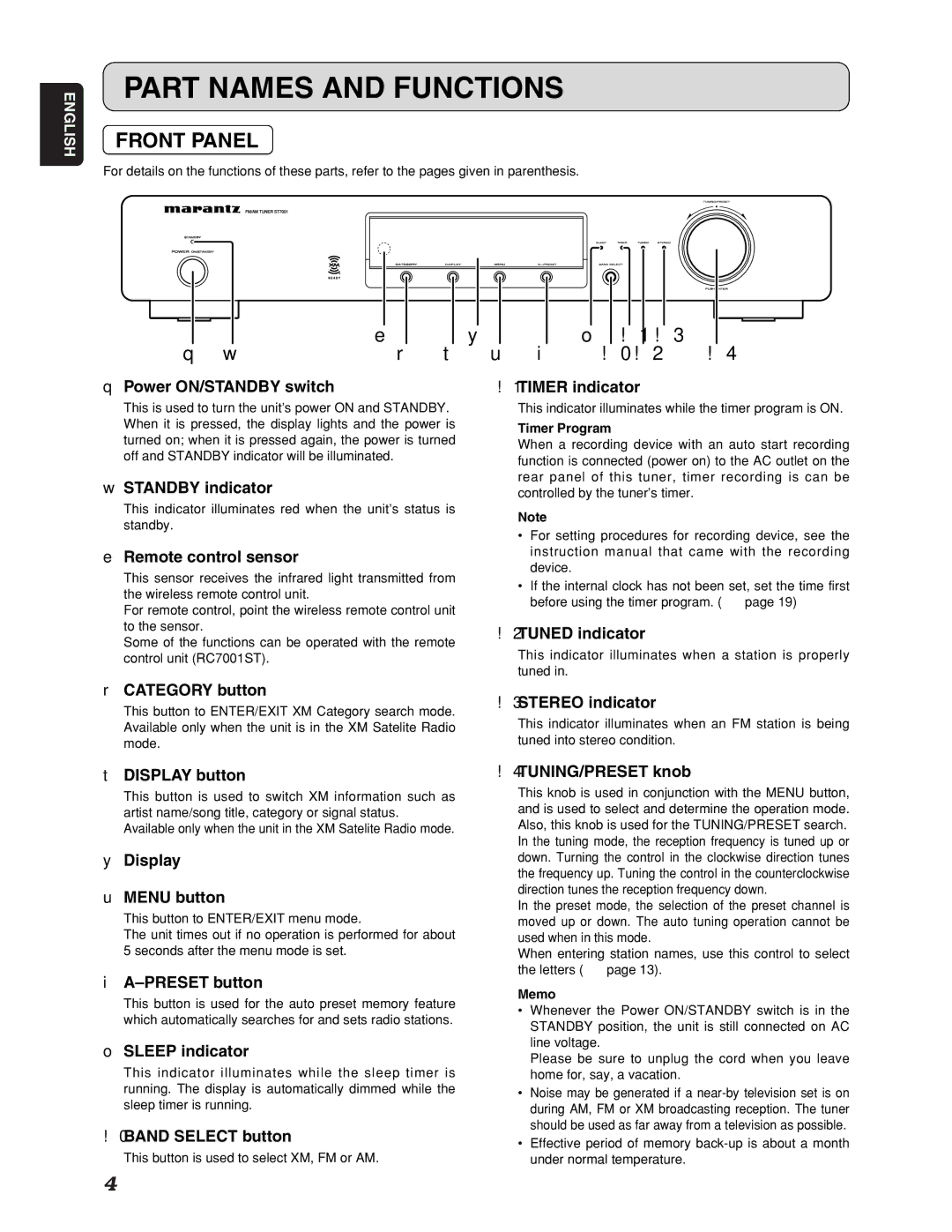 Marantz ST7001 manual Part Names and Functions, Front Panel 