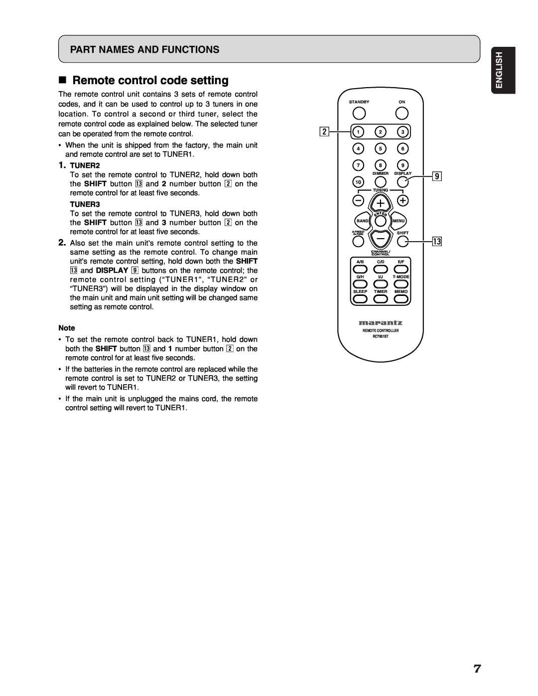 Marantz ST7001 manual Remote control code setting, Part Names And Functions, English, TUNER2, TUNER3 