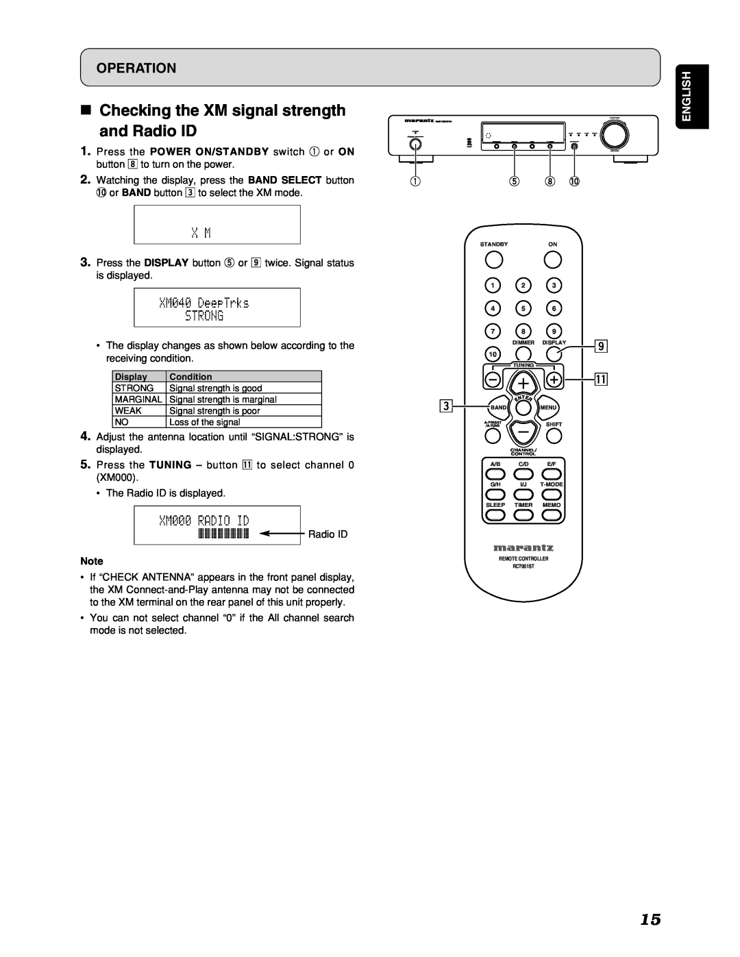 Marantz ST7001 manual 7Checking the XM signal strength, and Radio ID, Operation, English 