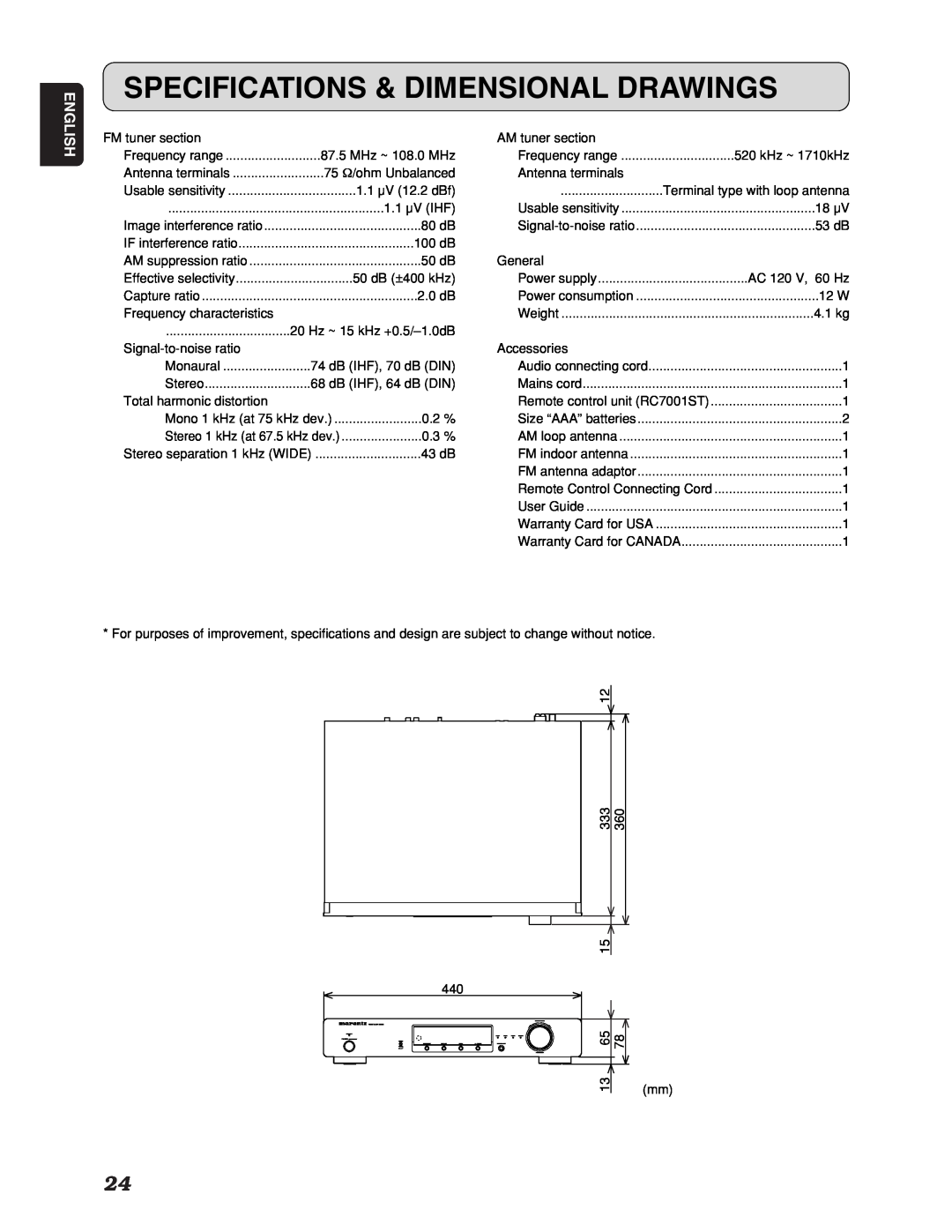 Marantz ST7001 manual Specifications & Dimensional Drawings 