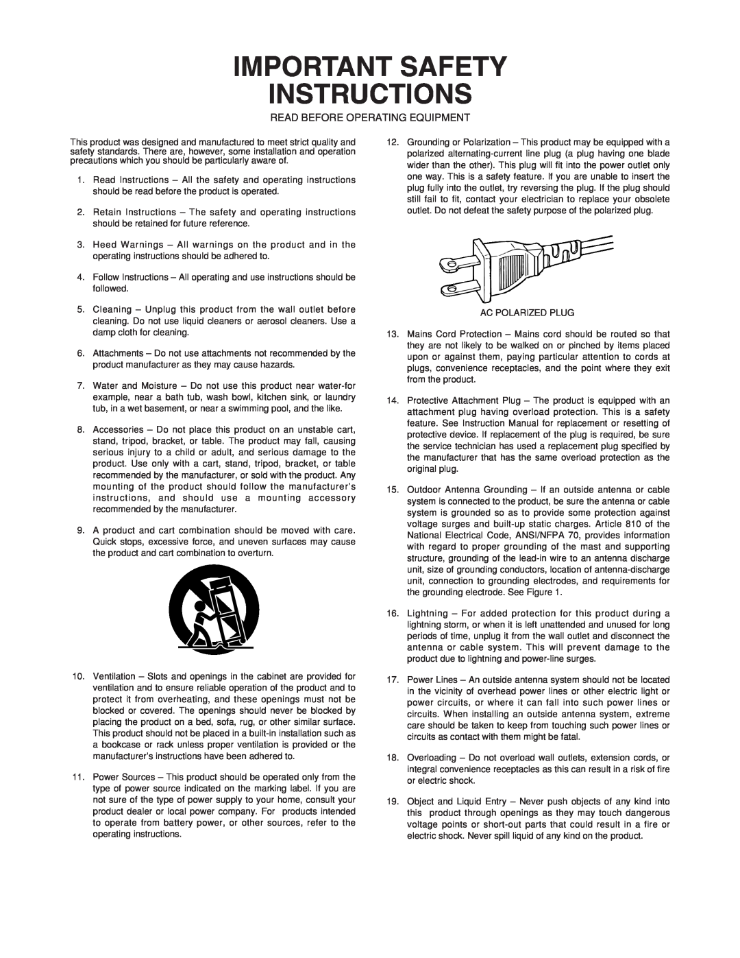 Marantz ST7001 manual Important Safety Instructions, Read Before Operating Equipment 