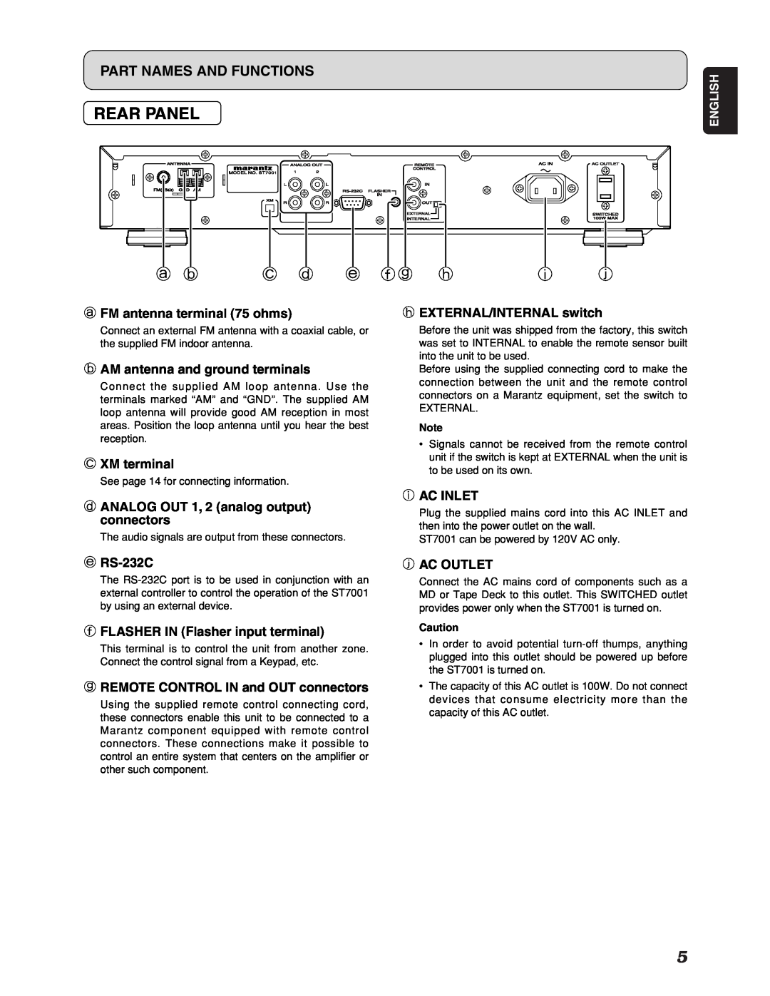 Marantz ST7001 manual Rear Panel, c d e fg h, Part Names And Functions 