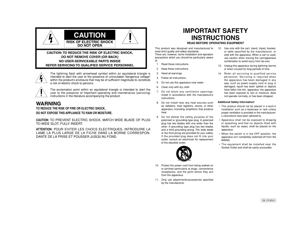 Marantz SW7001 manual Important Safety Instructions, Additional Safety Information 