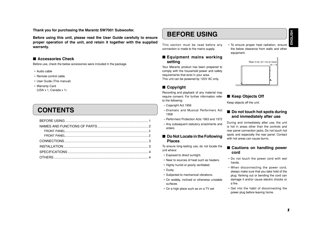 Marantz SW7001 manual Before Using, Contents 