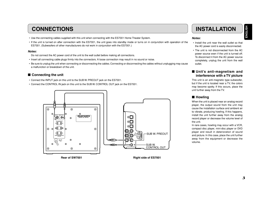 Marantz SW7001 Connections, Installation, Connecting the unit, Unit’s anti-magnetism and interference with a TV picture 