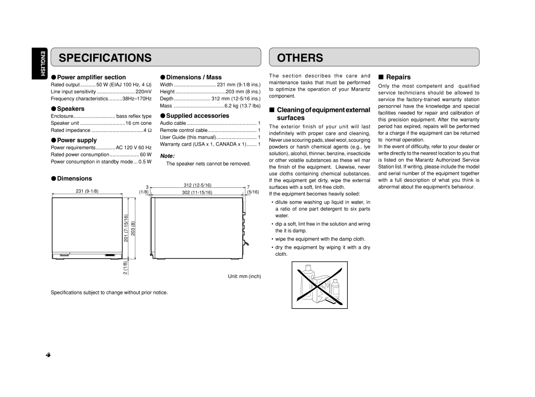 Marantz SW7001 manual Specifications, Others, Cleaning of equipment external surfaces, Repairs 