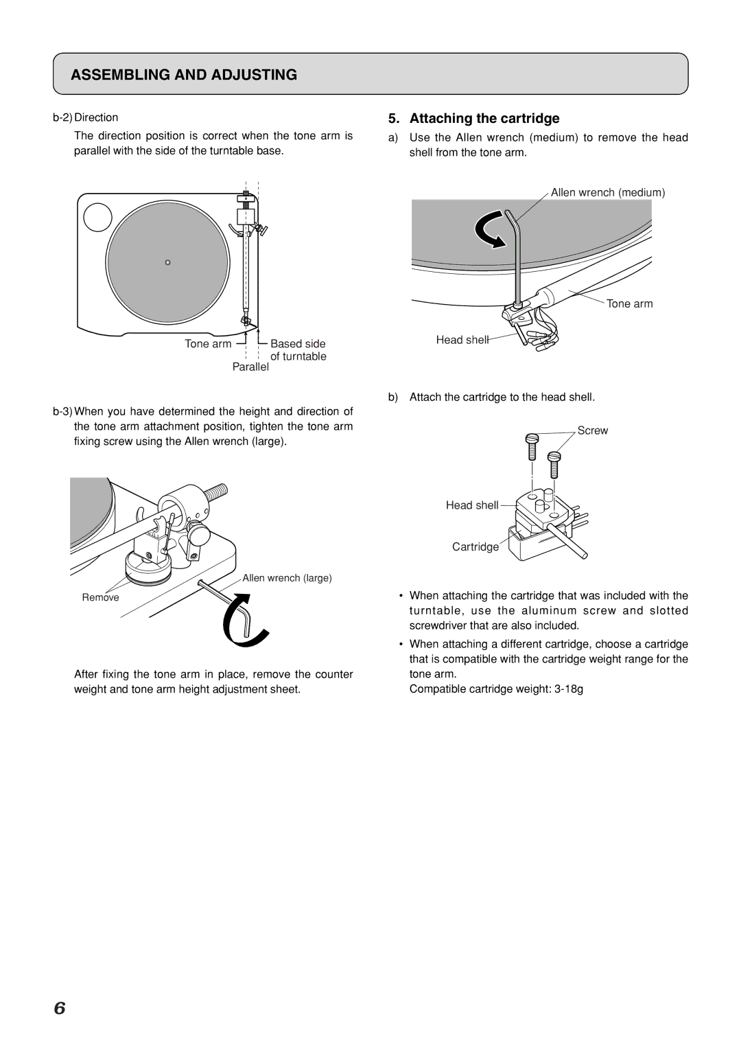 Marantz TT-15S1 manual Assembling and Adjusting, Attaching the cartridge 